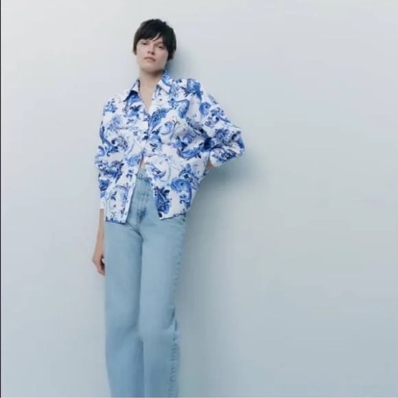 Zara blue and white button down shirt size medium NWT - Picture 2 of 7